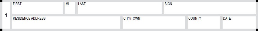  Image of a signature line showing fields for first, middle initial, last, and signature on the first line, and residence address, city/town, county, and date on the second line.