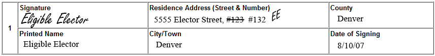  Image showing address with apartment #123 crossed out, #132 written in to correct it, and the initials EE added to the change.